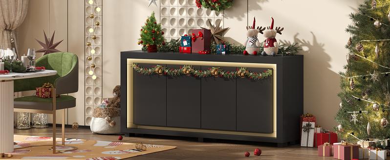 【Modern LED Storage Cabinet】ONBRILL 63"Sideboard Buffet Cabinet,Kitchen Buffet Storage Cabinet with Power Outlets & LED Light, Modern Storage Cabinet with 4 Doors,Coffee Bar Console Wine Bar for Living Room,Kitchen,Hallway