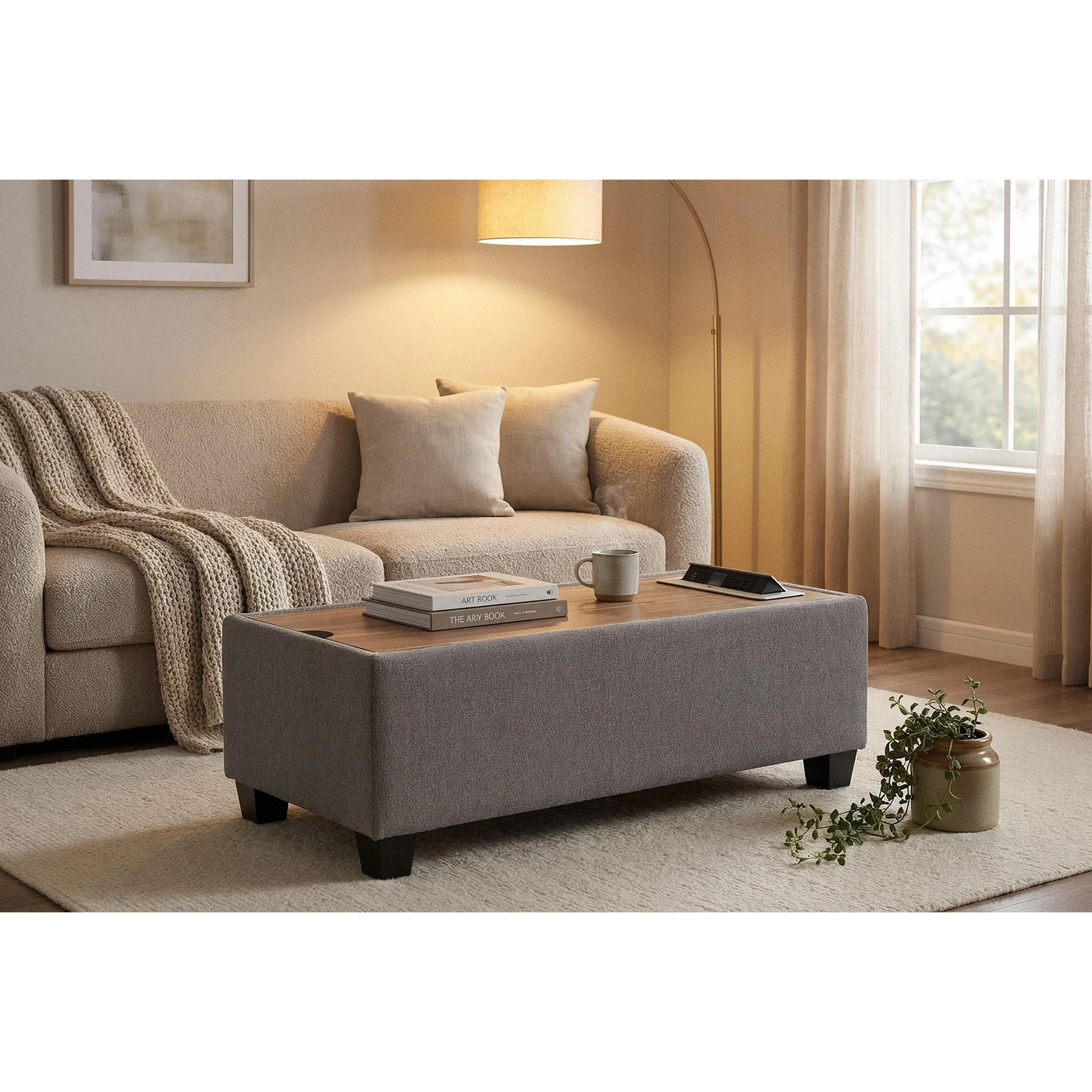 ARCH Upholstered Storage Ottoman Console Table with Wooden Top, 2 USB Ports & 2 AC Outlets, Light Gray Fabric, Modern Entryway Sofa Table, Lift-Top Hidden Storage Bench for Living Room Bedroom Hallway, Tool-Free Assembly, 42x16x14 Inch