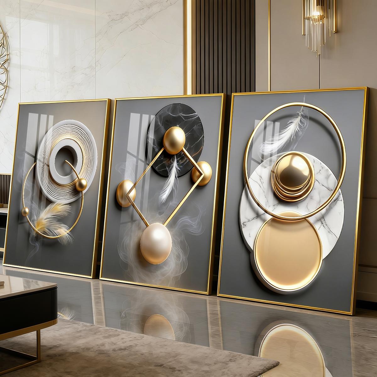 3 Counts Aluminum Alloy Framed Painting, Modern Abstract Geometric Gold And Feather Art Pictures, Home Decoration For Living Room, Bedroom, Office, Restaurant, Hallway Wall Decor, Odorless Print Artwork, Luxury Perfect Gift For Friends And Family