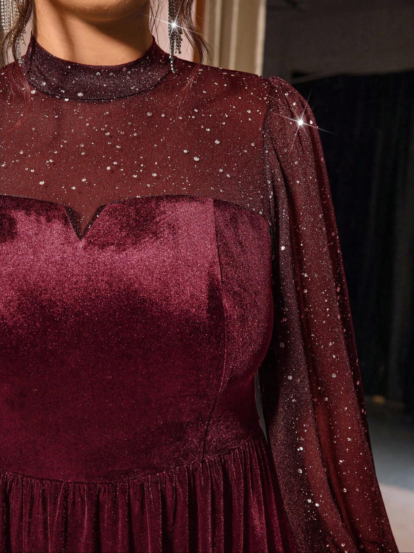 Plus Size Women's Mesh Velvet Elegant Bubble Sleeve Dress, Waist Cinched, Perfect for Parties and Gatherings, Fall & Winter Fashion