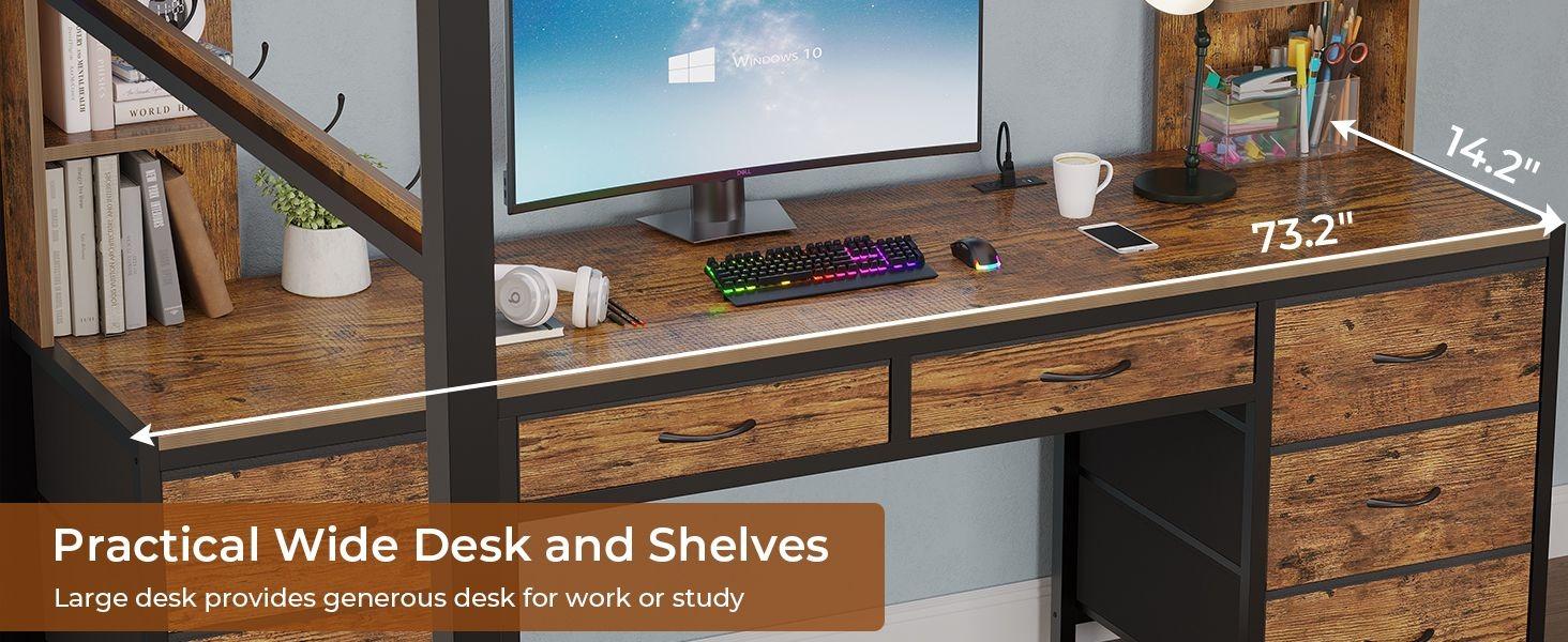 Sikaic Full Metal Loft LED Bed Frame with 8 Storage Drawers & Charging Station and 4 Open Storage Shelves Brown