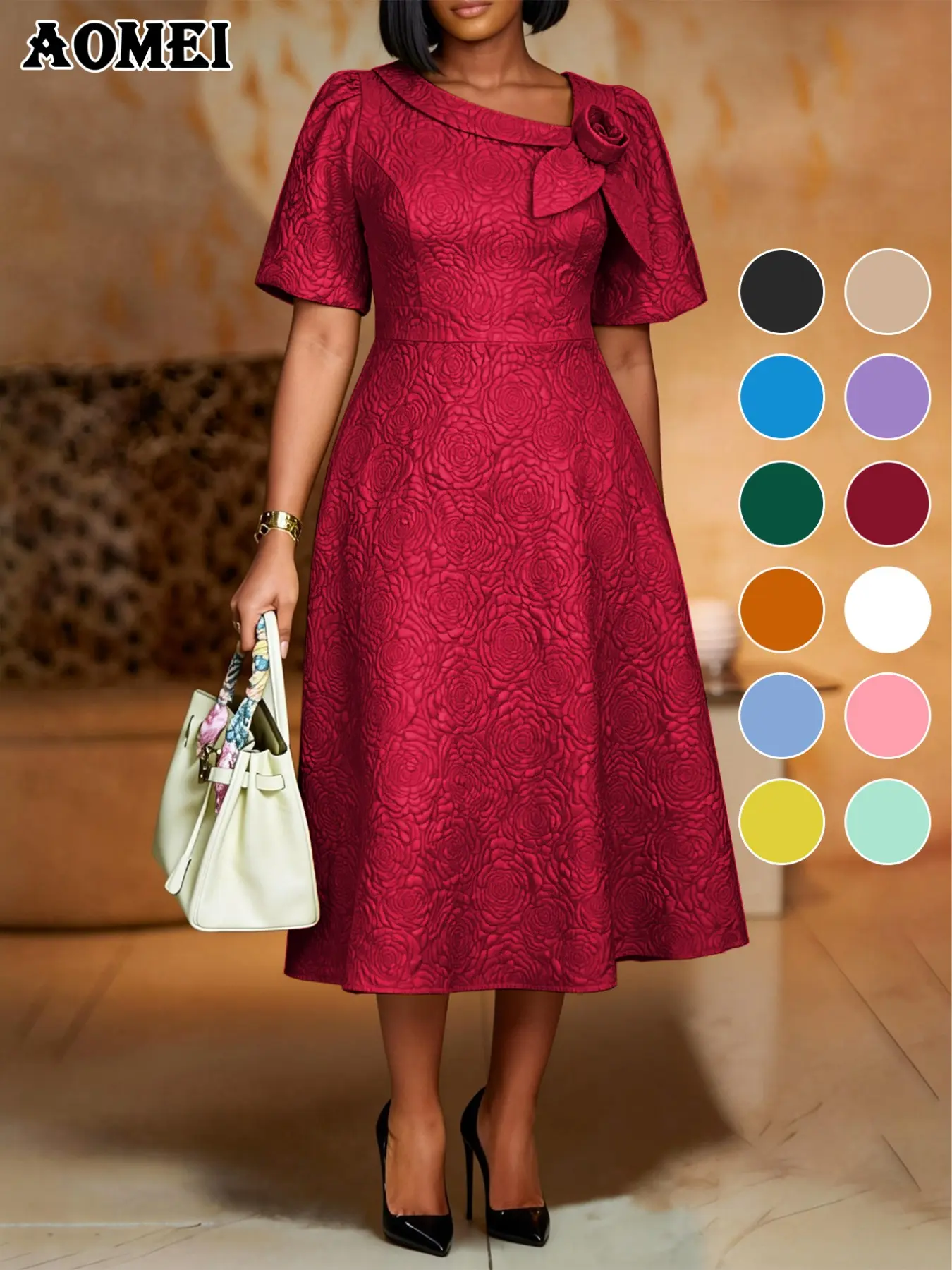 AOMEI Plus Size Jacquard A-Line Dress, 3D Flower Short Bubble Sleeve, High Waist Elegant Lady Dress, Knee-Length for Casual, Office, Evening Events
