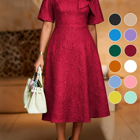 AOMEI Plus Size Rose Jacquard A-Line Dress, 3D Flower Short Bubble Sleeve, High Waist Elegant Lady Dress, Knee-Length for Casual, Office, Evening Events