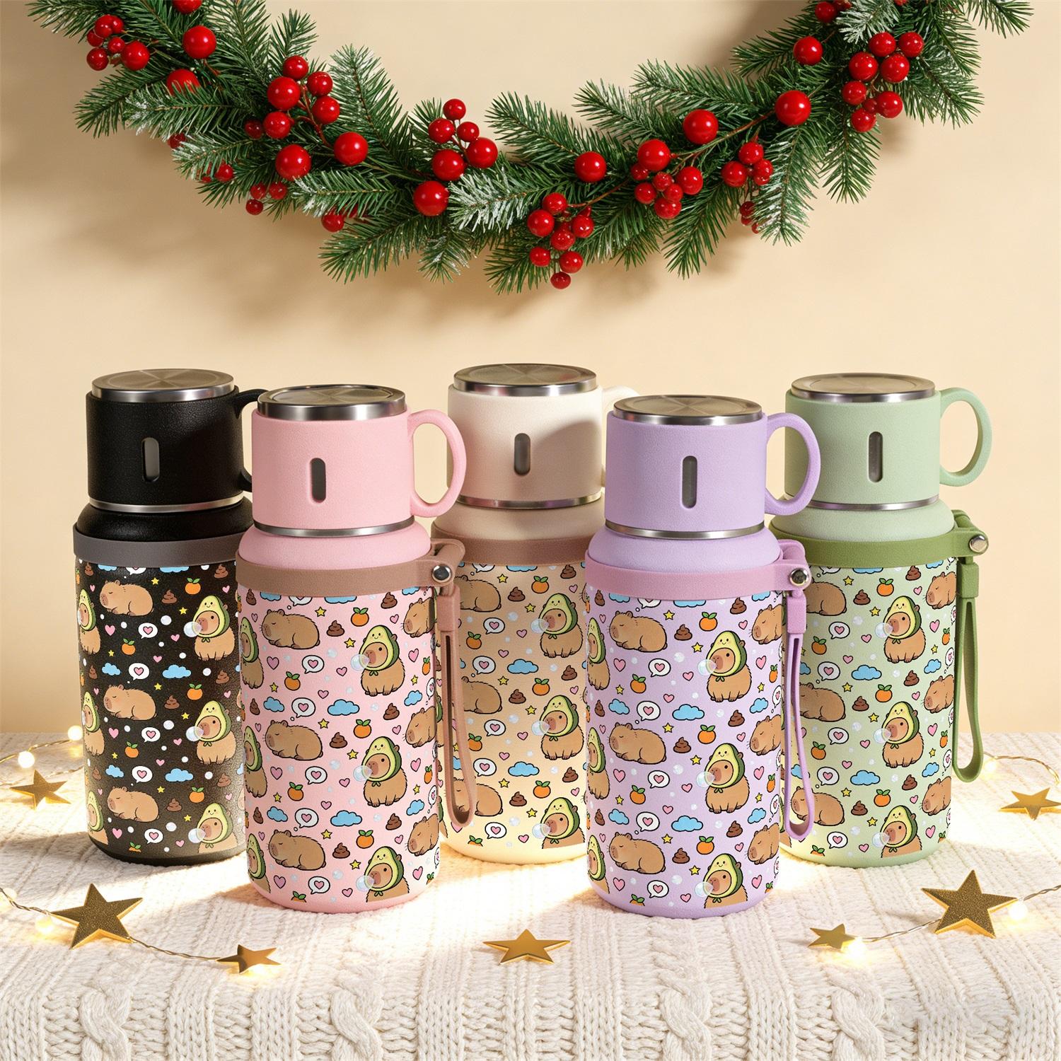 1PC, 20oz Insulated Stainless Steel Water Bottle, Vacuum Flask with Cup Lid That Doubles as Handle Cup, Double Wall Insulated Travel Mug, Portable for Camping, Hiking, School & Office, Cute Capybara Pattern, Ideal