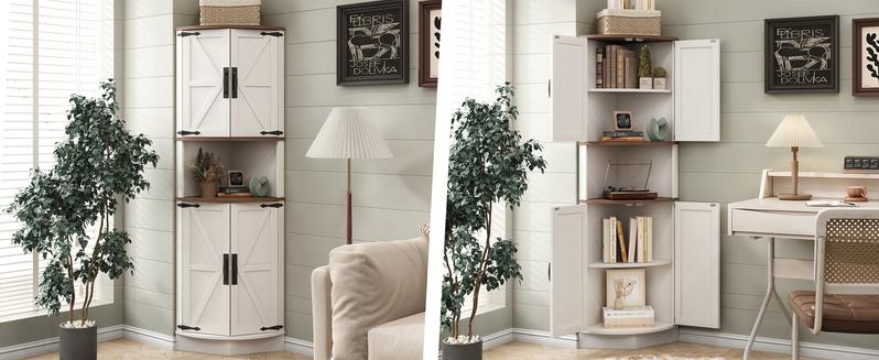 Vabches 64.8" Tall Farmhouse Corner Cabinet with 4 Doors and 5 Storage Shelves, Farmhouse Storage Cabinet with Barn Door Design, Home Space Saver for Living Room, Kitchen, Laundry Room Vabches 64.8" Tall Farmhouse Corner Cabinet with 4 Doors and 5 Storage Shelves, Farmhouse Storage Cabinet with Barn Door Design, Home Space Saver for Living Room, Kitchen, Laundry Room