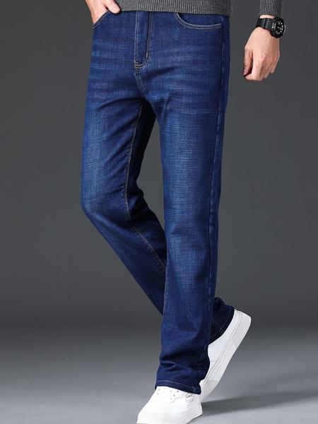 Men's Thickened Winter Fleece Jeans, Loose Straight Leg High Waist Casual Elastic Pants, Warm Long Denim Trousers for Fall & Winter, Denim Clothing