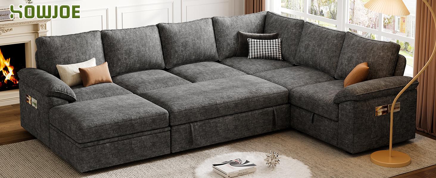 【4-5 Packages】108 Inch Sectional Sleeper Sofa with Pull Out Bed, U Shaped 5/7 Seat Modular Sectional Sofa with Storage, Sectional Couches for Living Room, Cloud Modular Couch, Removable Sofa Cover#daybed