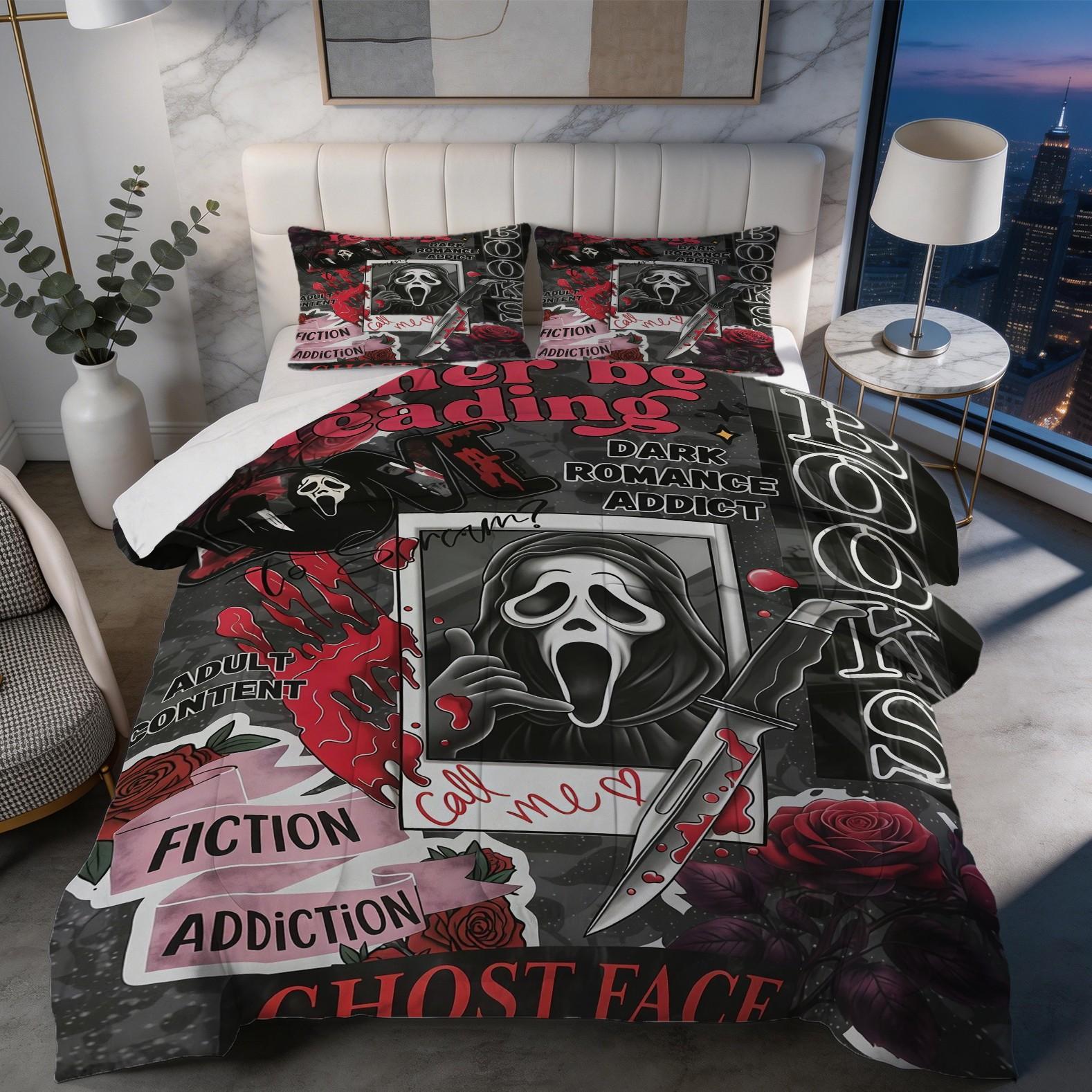 2/3 Piece Scream Ghostface Comforter Set, 1 Comforter + 1/2 Pillowcases, Dark Romance Horror Movie Bedding, Spooky Bedroom Decor for Halloween, Graduation & Adult Ceremony, Perfect Gift for Movie Fans & Book Lovers