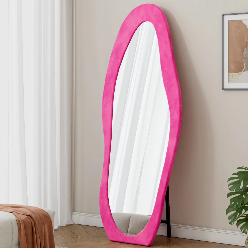 Littleox Full Length Mirror, 63" x 24" Floor Mirror/ Wall Mirror, Flannel Wrapped Wooden Frame Floor Mirror, Irregular Wavy Mirror Standing/Halling Large Wall Mirror for Bedroom,Living Room, Dressing Room Pink
