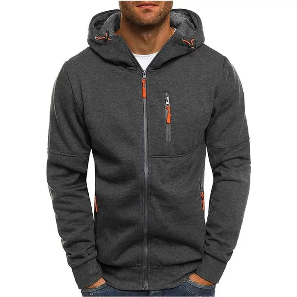Men's Casual Sports Full Zipper Long-Sleeved Hooded Sweater with Pockets Jogging Track Field Gym Training Hoodie Dark Grey