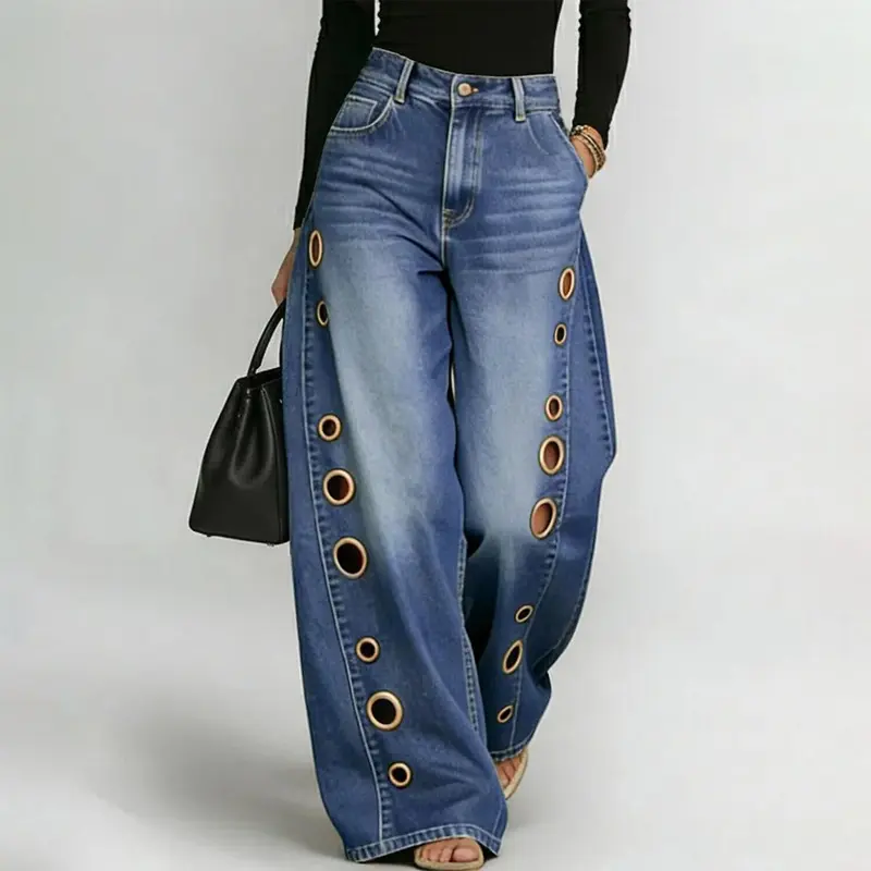 Women's High Waist Geometric Eyelet Cotton Mix Denim Style Jeans - Baggy Wide-Leg Cropped Bottoms with Side Pockets, Zip Fasten, Casual Fashion Fabric, 2026 Fall Festival Streetwear, Cold Wash Y2K Clothing Women's High Waist Geometric Eyelet Cotton Mix Denim Style Jeans - Baggy Wide-Leg Cropped Bottoms with Side Pockets, Zip Fasten, Casual Fashion Fabric, 2026 Fall Festival Streetwear, Cold Wash Y2K Clothing