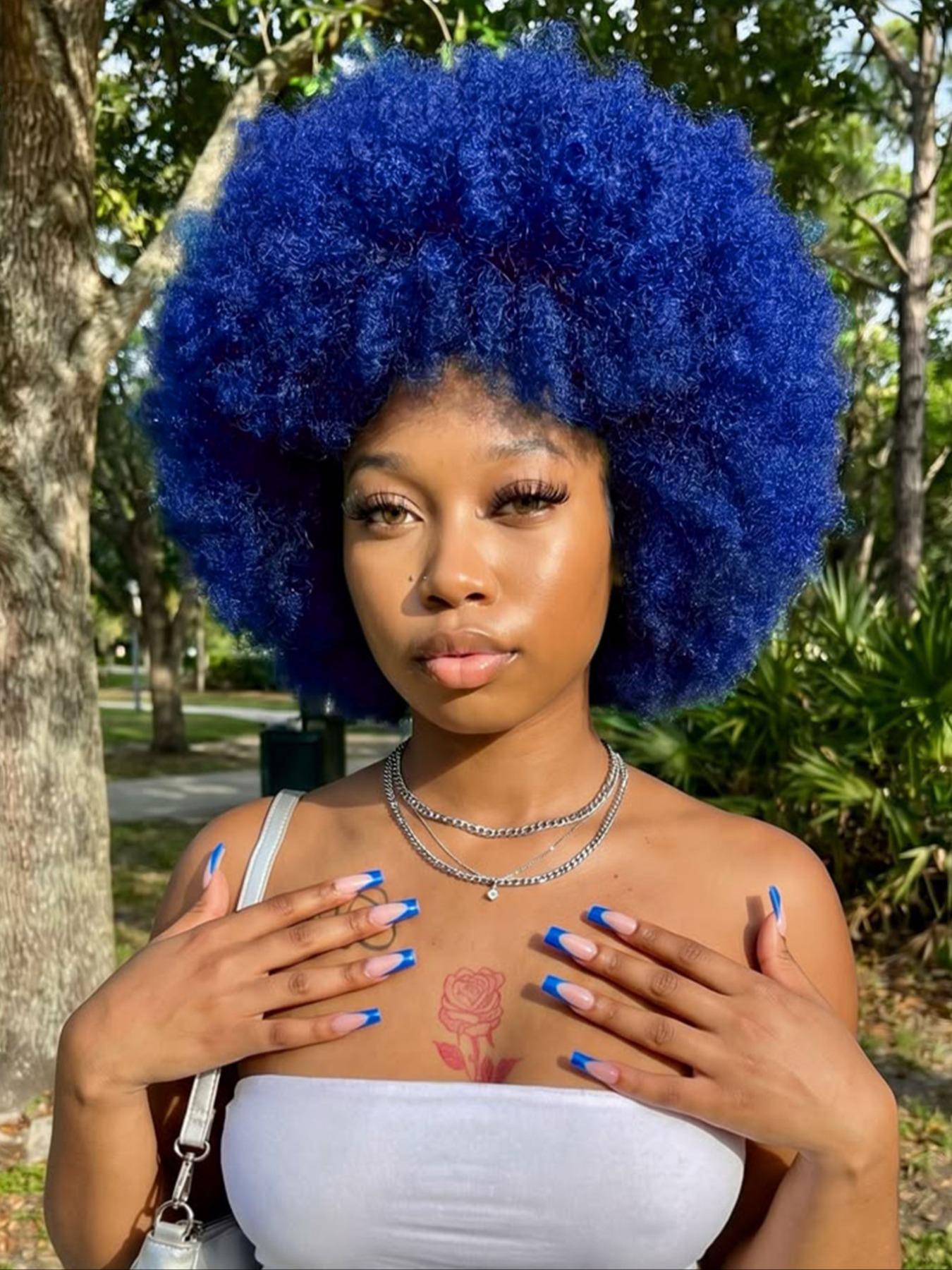 Bright Blue Fluffy Afro Synthetic Wig With Bangs High Temperature Fiber Short Kinky Curly Full Wig 70s Retro Style Afro Wigs For Cosplay Party Festival Photoshoot