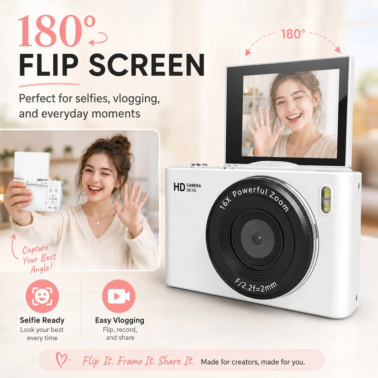 Flip Screen Digital Camera, 180° Rotatable Display, Auto Focus, HD Photography, Lightweight Design, Includes 32GB Card & Bag