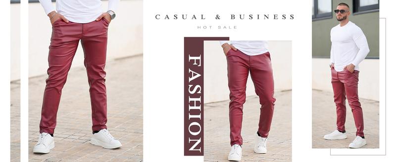 GINGTTO Mens Slim Fit Pants Stretch Pu Faux Leather Motorcycle Biker Pants