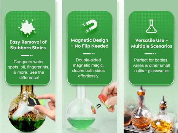 Magnetic Glass Cleaner Kit - Reusable Pipe Cleaning Tool Deep Cleans Hard-to-Reach Stains Two Silicone Brush with Handle Design Versatile for Glassware, Ceramic Surfaces Multicolor