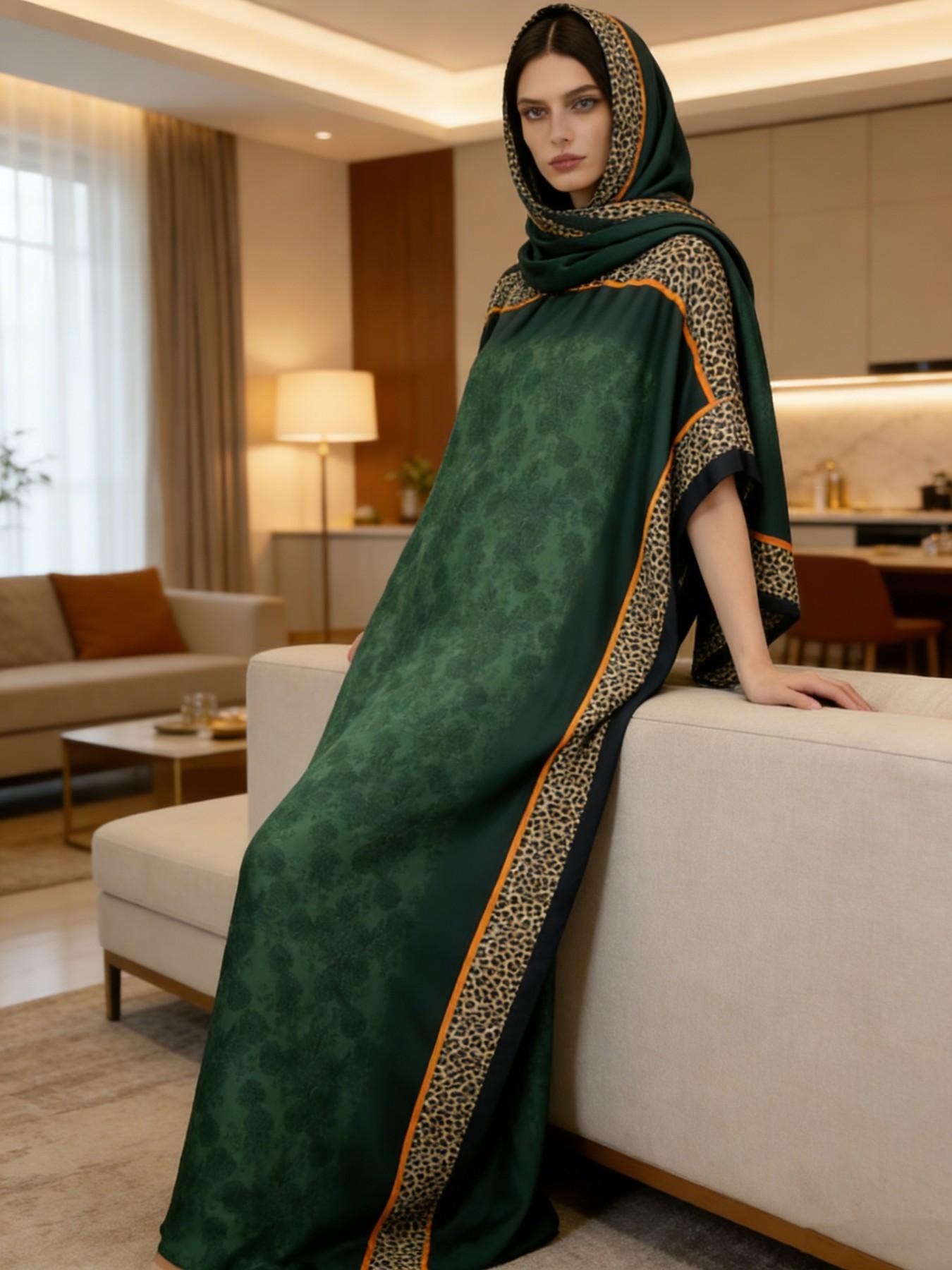 1dress+1scarf Viral Emerald Green Floral Print Satin Kaftan Maxi Dress with Matching Scarf – Silky Loose Fit, Plus Size Friendly, Luxury Loungewear, Beach Cover Up & Evening Party Wear, Must-Have Resort Fashion Piece