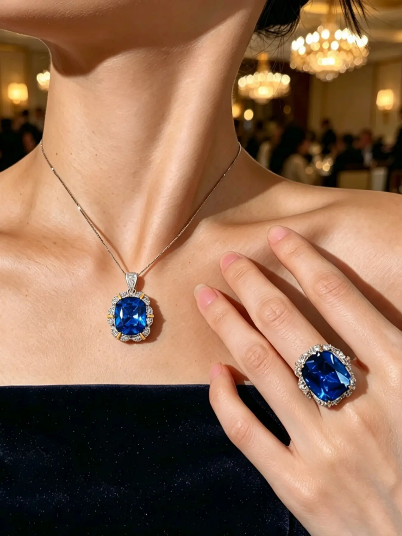 2Pcs Jewelry Set Necklace Adjustable Open Ring Two Tone Floral Cushion Cut Deep Blue Cubic Zirconia Gift Box For Anniversary Gift Couple Date Night Romantic Proposal Keepsake