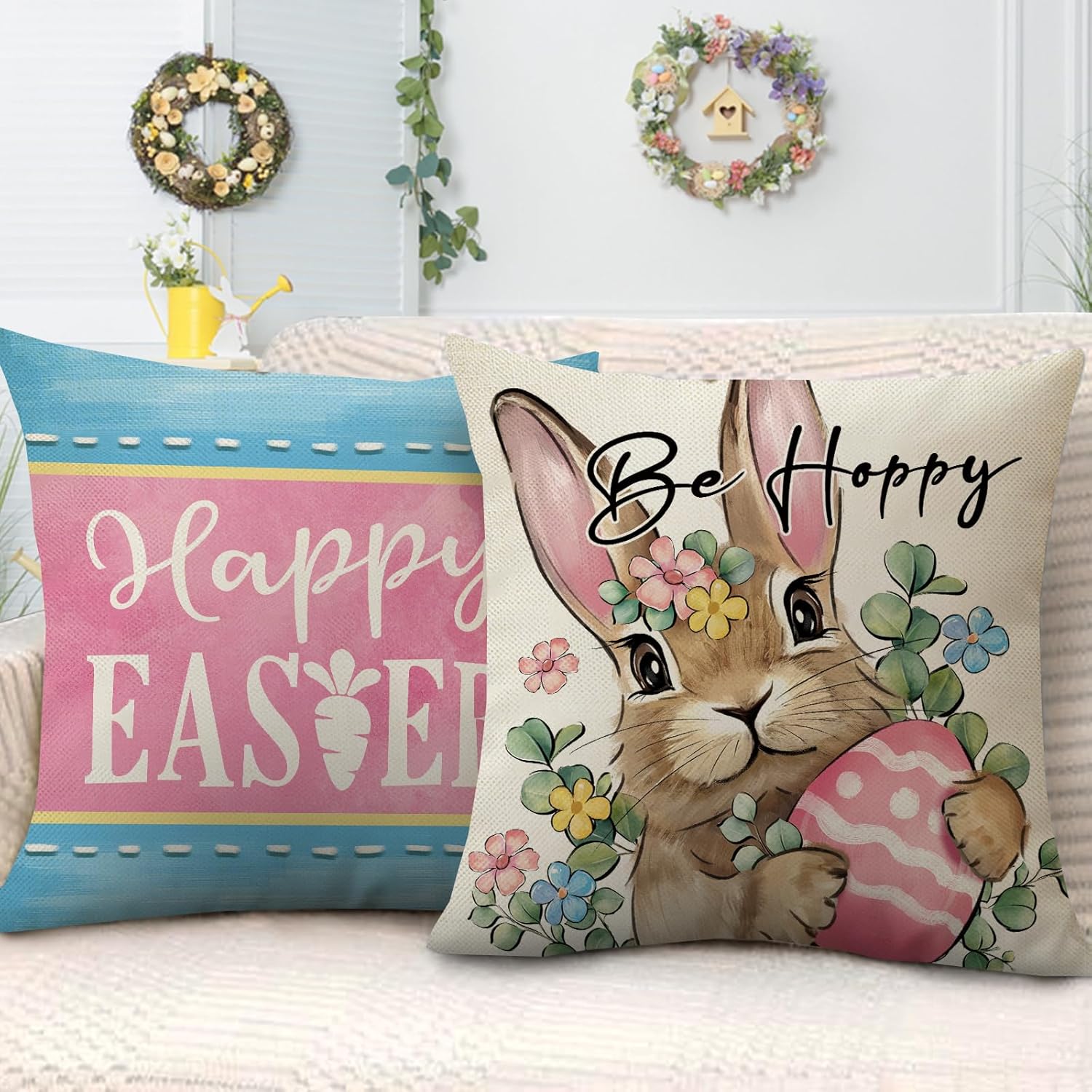 Easter Themed Cushion Cover, 4 Counts/set Rabbit & Egg Pattern Cushion Cover without Filler, Home Decor for Living Room Bedroom, Holiday Themed, Hunny Bunny, Egg Hunt