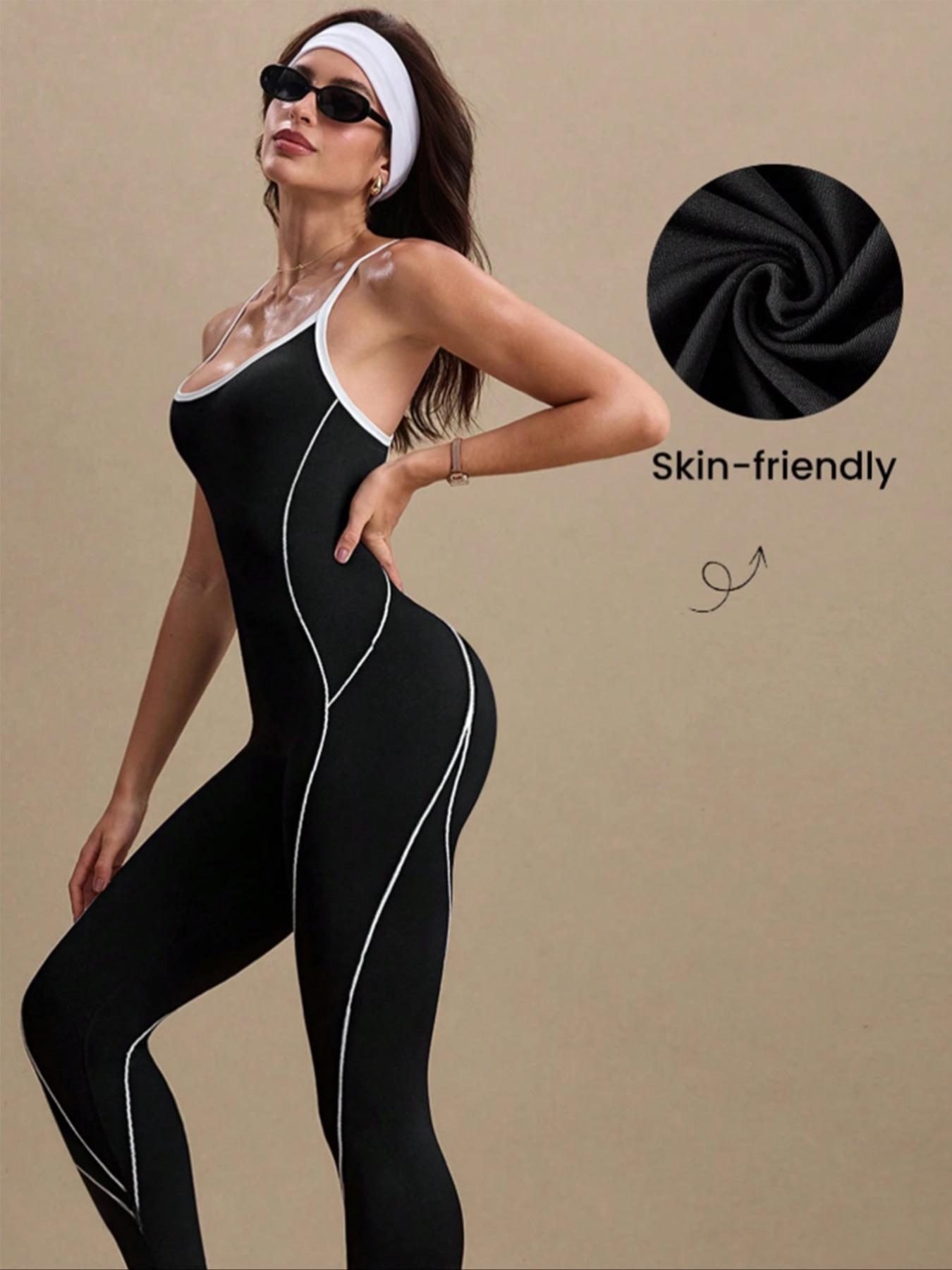 Women's Colorblock U Neck Adjustable Strap High Elastic Yoga Jumpsuit, Sporty Sleeveless Fitness, All Season Comfortable Wear, Workout Jumpsuit, Tummy Control Jumpsuit