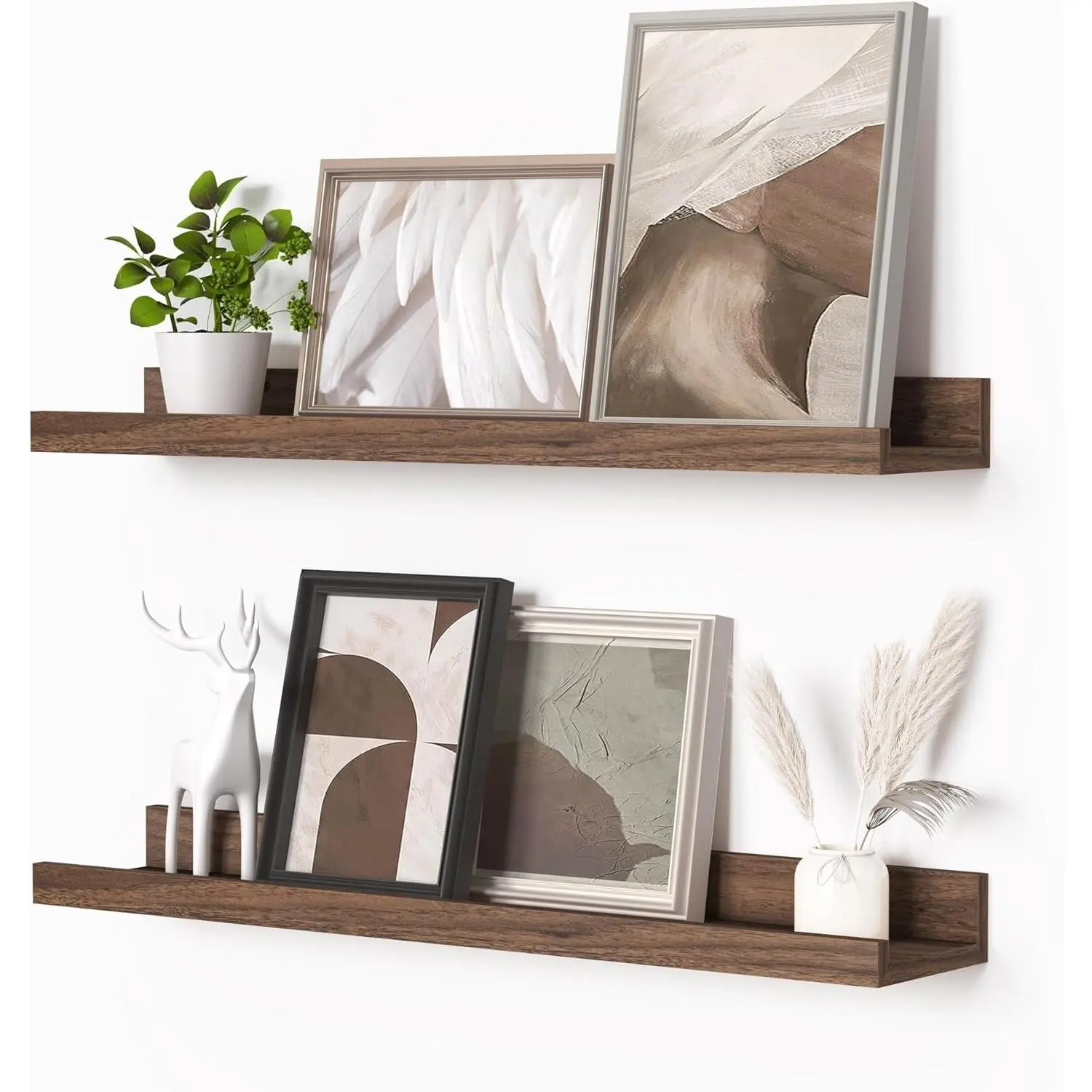 Picture Ledge Shelf, Floating Shelves Set of 2, 24 Inches Wall Mounted Picture Shelf with Ledge, Kids Bookshelf for Living Room Bedroom Decor, Books and Photo Frames - WalnutGift