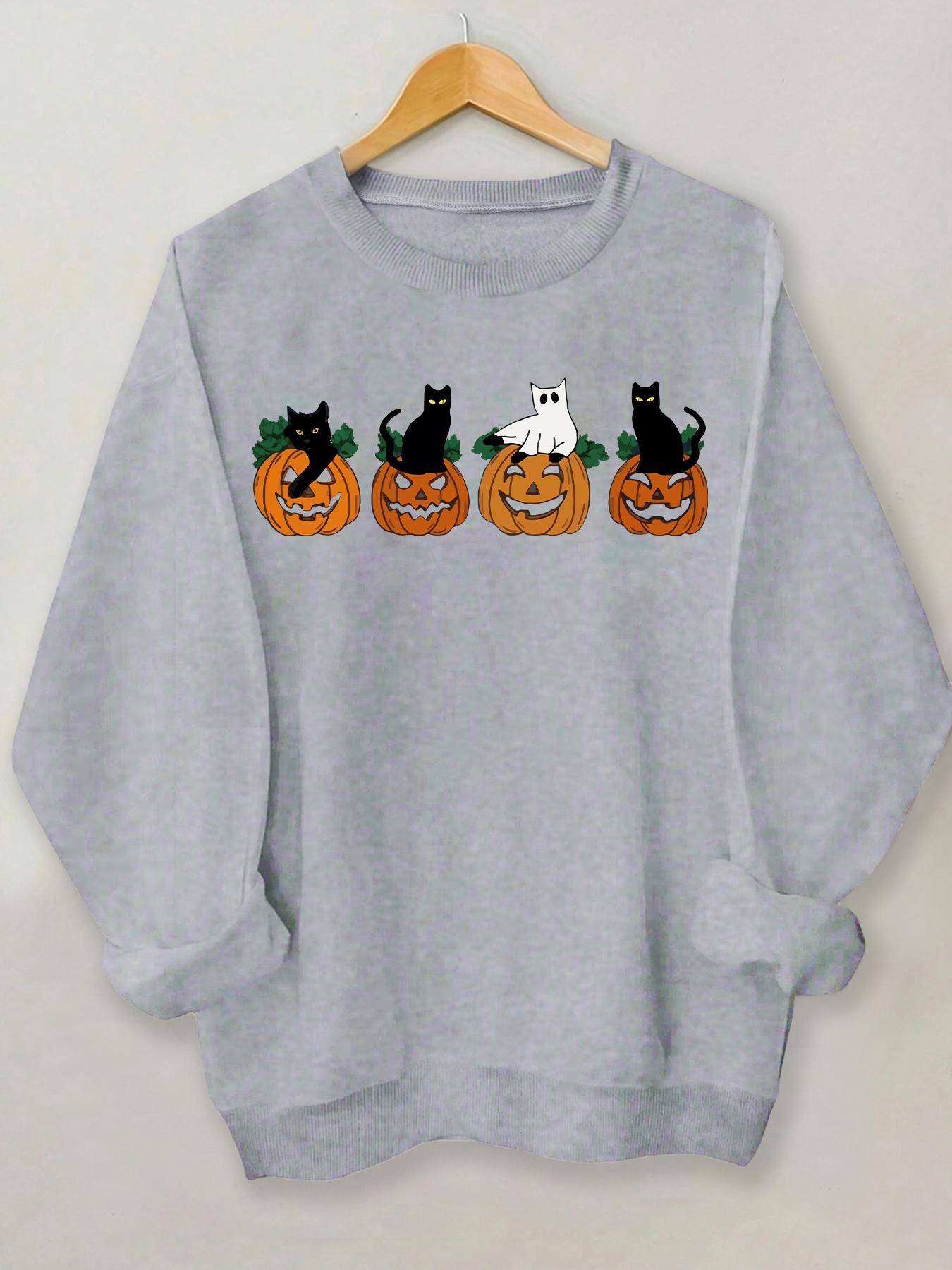 Women's Cartoon Cat & Pumpkin Print Crew Neck Sweatshirt, Casual Drop Shoulder Long Sleeve Pullover, Women's Fall & Winter Clothes for Daily Wear, Halloween