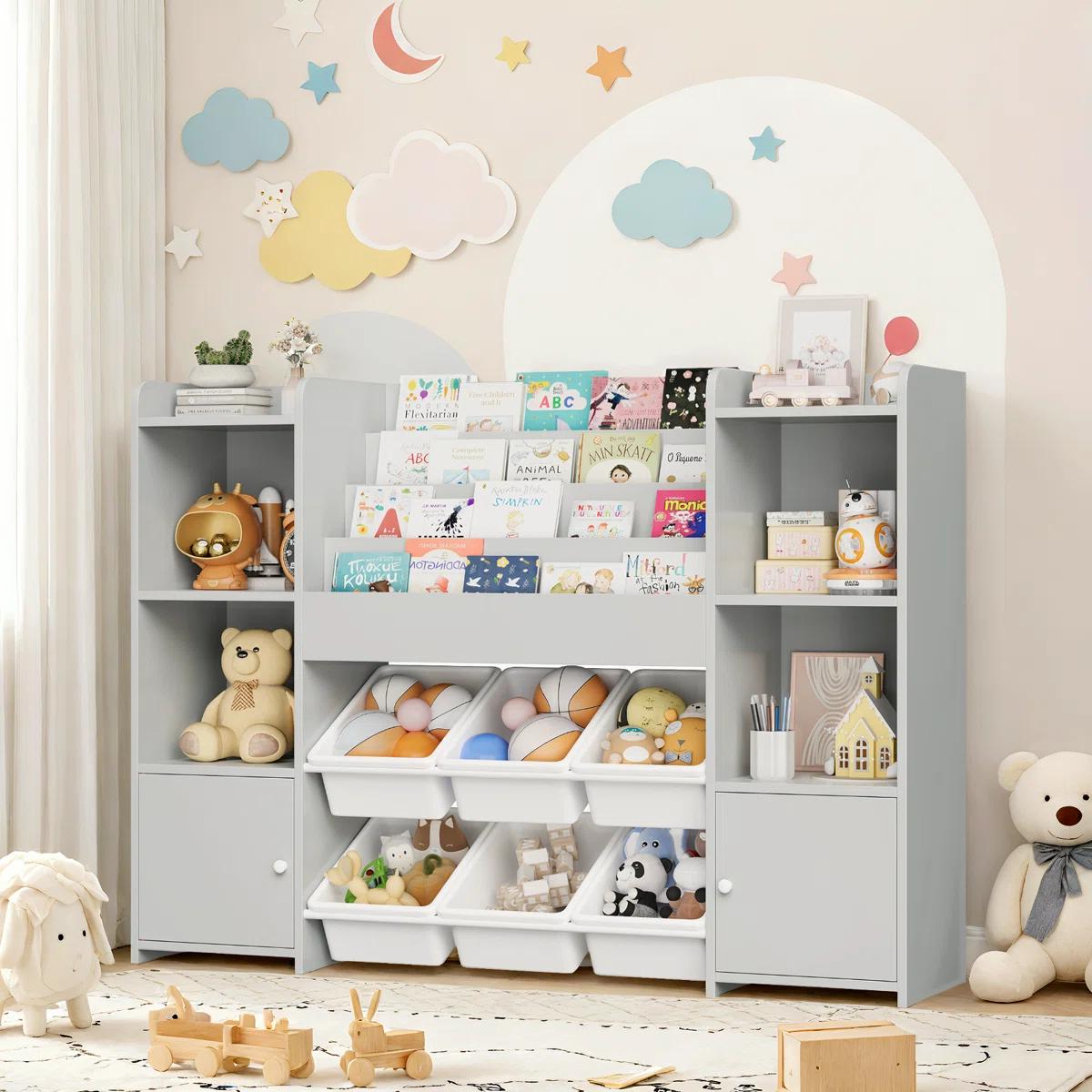 FOTOSOK Toy Storage Organizer with 6 Toy Bins, Toy Organizer Kids Bookshelf with 6 Cubbies, Multifunctional Floor Storage Chest for Playroom