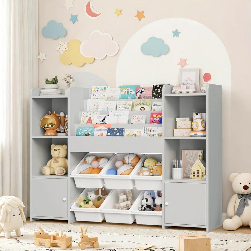 FOTOSOK Toy Storage Organizer with 6 Toy Bins, Toy Organizer Kids Bookshelf with 6 Cubbies, Multifunctional Floor Storage Chest for Playroom
