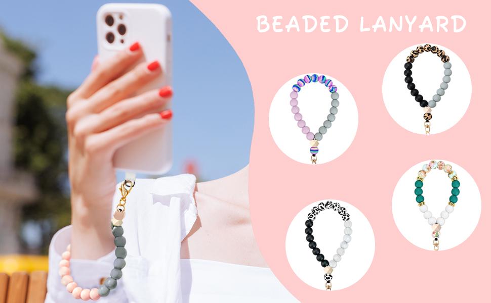 Marble Silicone Beaded Phone Wrist Strap, Cellphone Lanyard with Tether Tab, Elastic Hands-Free Wristlet Bracelet