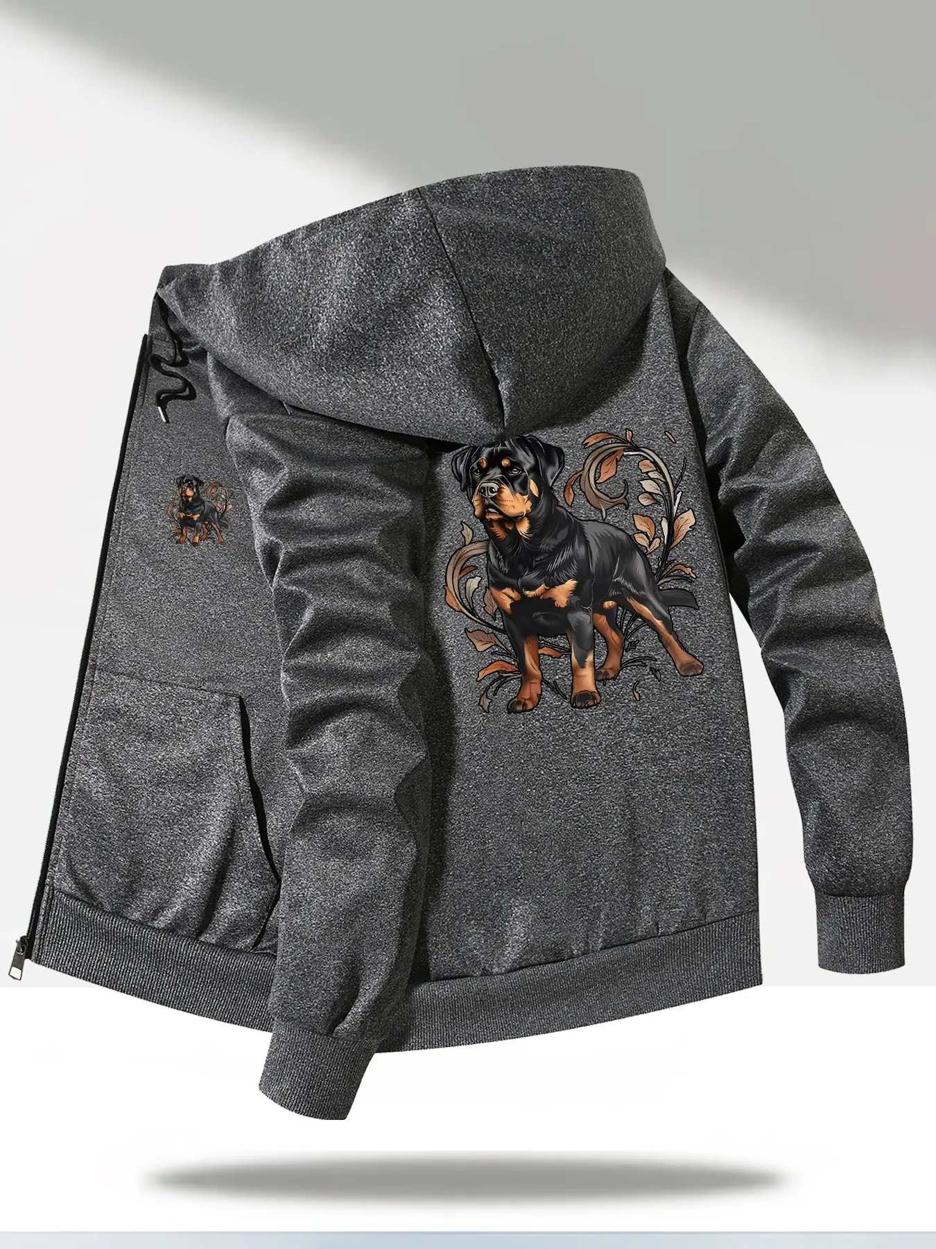 Men's Fashion Hooded Jacket, Rottweiler Print, Long Sleeve, Slim Fit, Spring & Fall, Street Style, Unlined