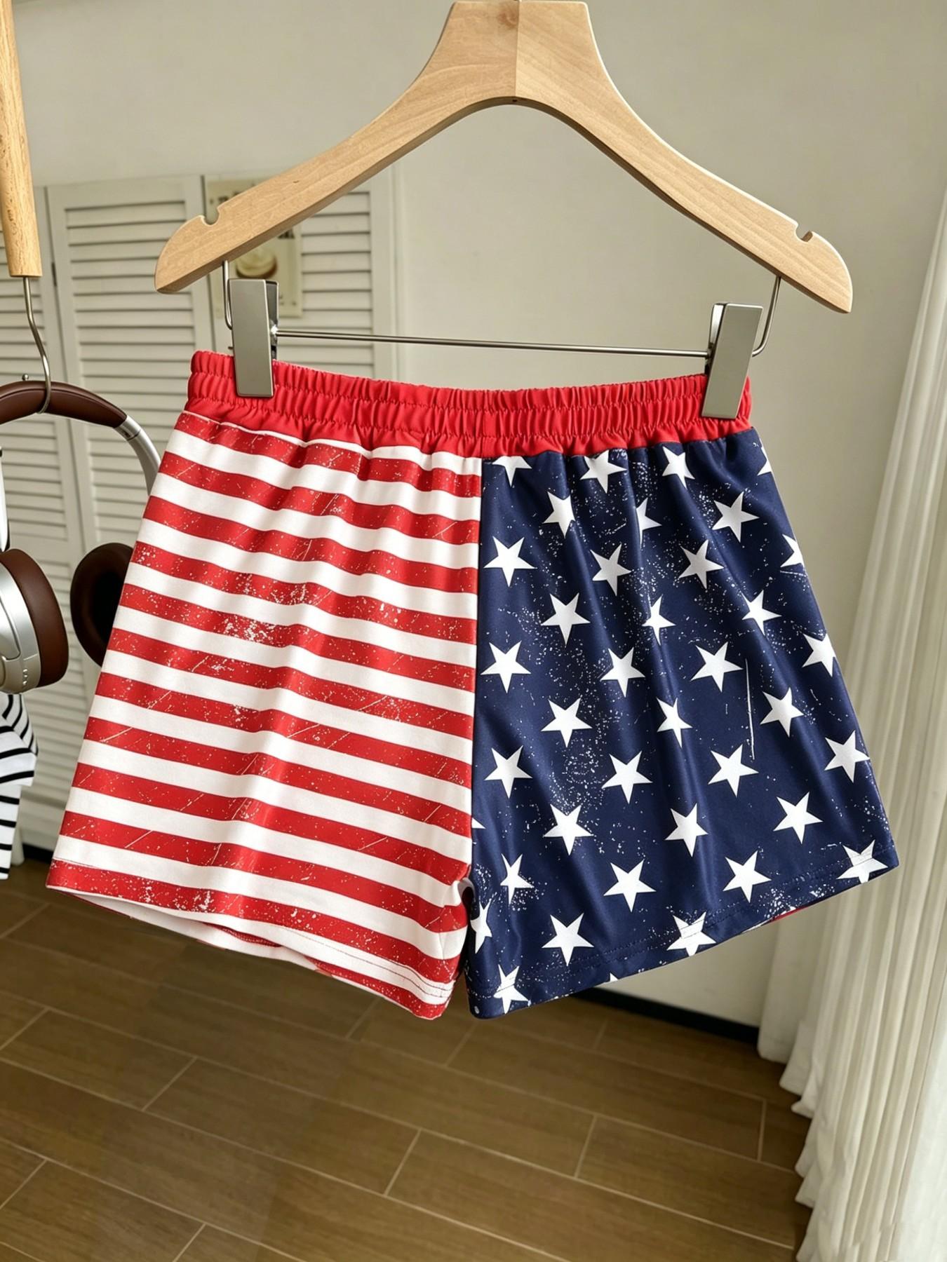 American Vintage Flag Brief Shorts, Y2K Elastic Waist, Loose-Fitting Casual Style, All over Print, Summer Fashion, Youthful Look