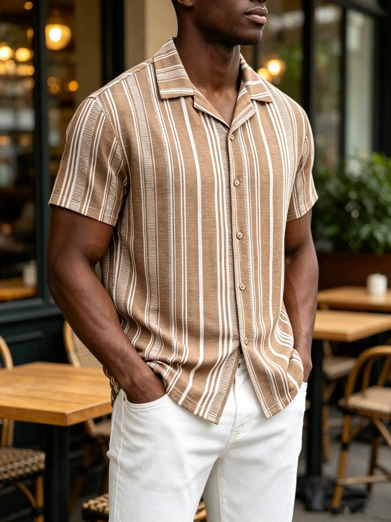 Men's Vertical Striped Camp Collar Short Sleeve Shirt, Casual Loose Fit Button Down, Summer Beach Vacation Resort Streetwear, Summer Aesthetic Shirt