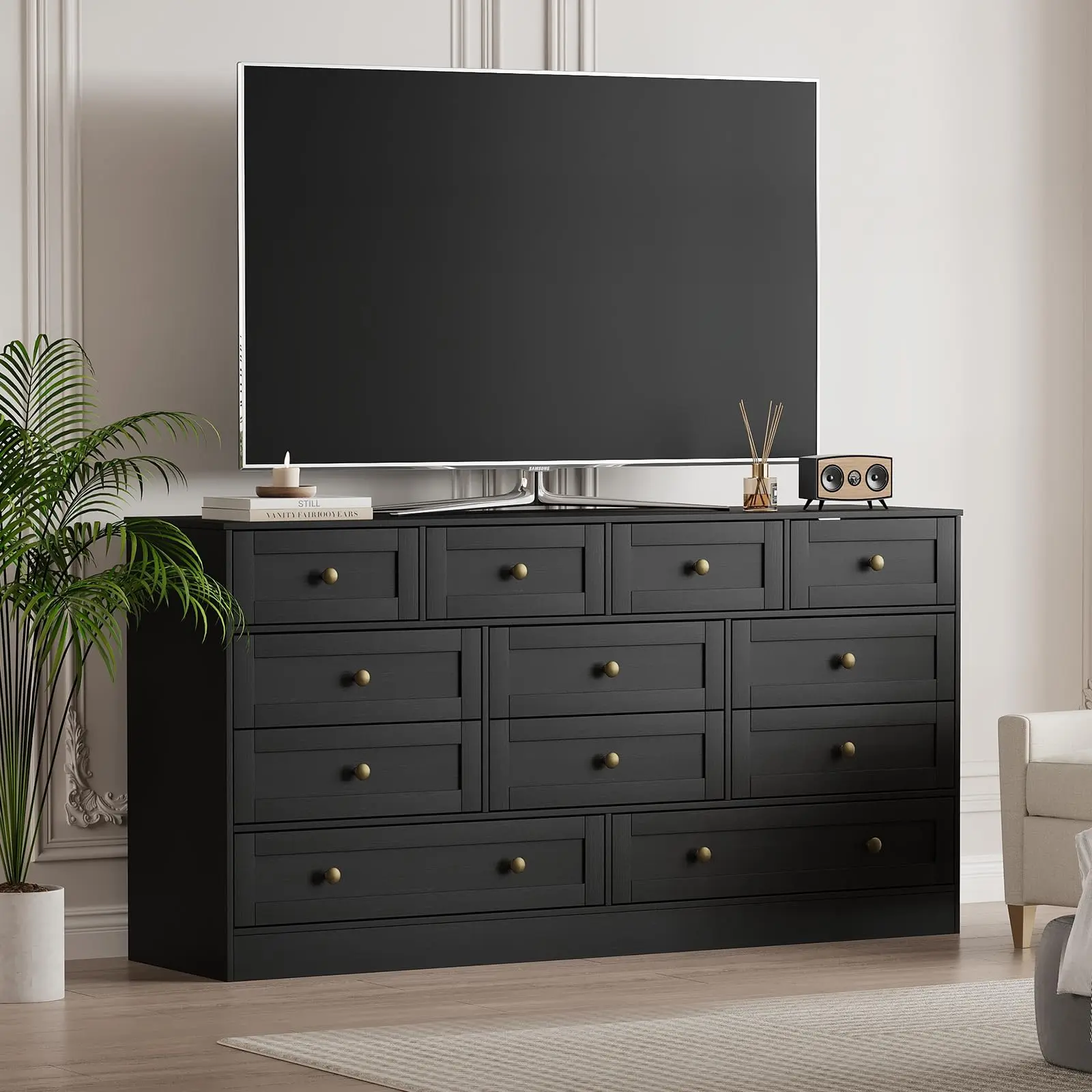12 Drawer Wooden Dresser and Modern Chest of Drawers for Bedroom and Living Room Storage, 61" L × 15.75" W, Multi-Functional Wood Organizer for Clothes and Media Consoles