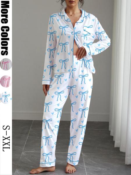 Women's Cute Bow Print Pajama Set, Soft Elastic Fabric, Long Sleeve Shirt Collar Top & Pants, Perfect for Home & Outdoor Wear Loungewear