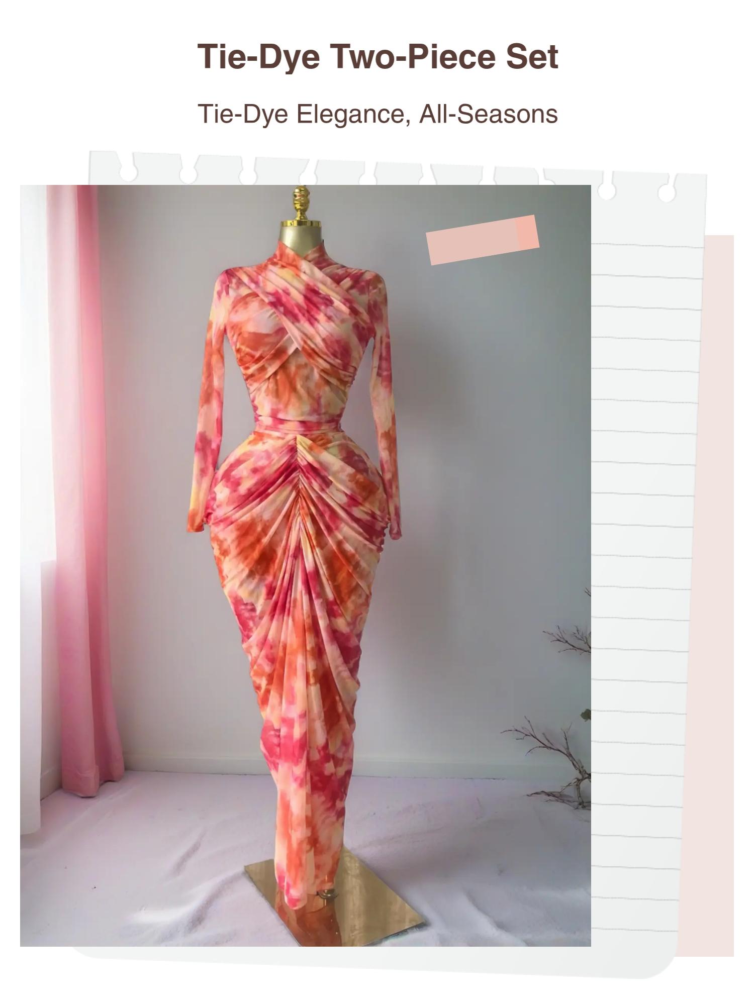 PULKRITU Elegant Women's Tie Dye Printed Two Piece Set Outfits, Wrap Long Sleeve Crop Top + Ruched Maxi Skirt , Casual Beach Resort Birthday, Vacation Street Lady Two-Piece Set,Female Fashion 2 Piece Co-ord Set