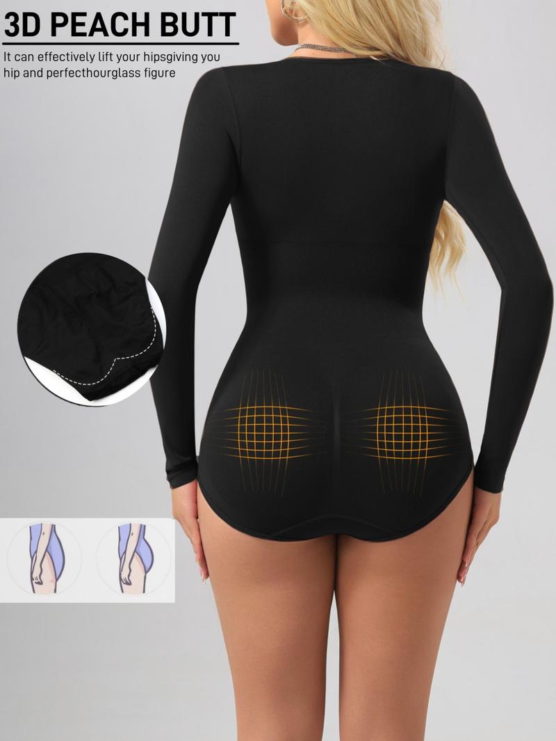 PLUS SIZE Women's Ribbed Abdominal Control Bodysuit,With Snap Crotch Long Sleeve Round Neck Unitard, Sporty Style, Yoga Dance Shapaewear,uitable for Badminton, Fitness, Outdoor Sports