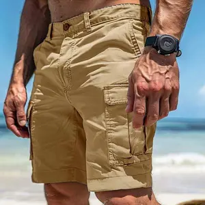 Men's khaki cargo shorts, multi-pocket design, casual workwear, practical outdoor shorts.