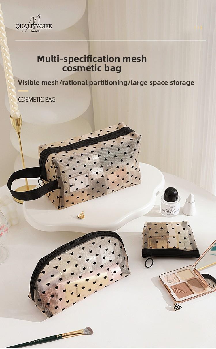 Mesh Makeup Bag Set, Heart Print Cosmetic Bag, Portable Travel Toiletry Bag for Women, Cute Makeup Organizer Pouch