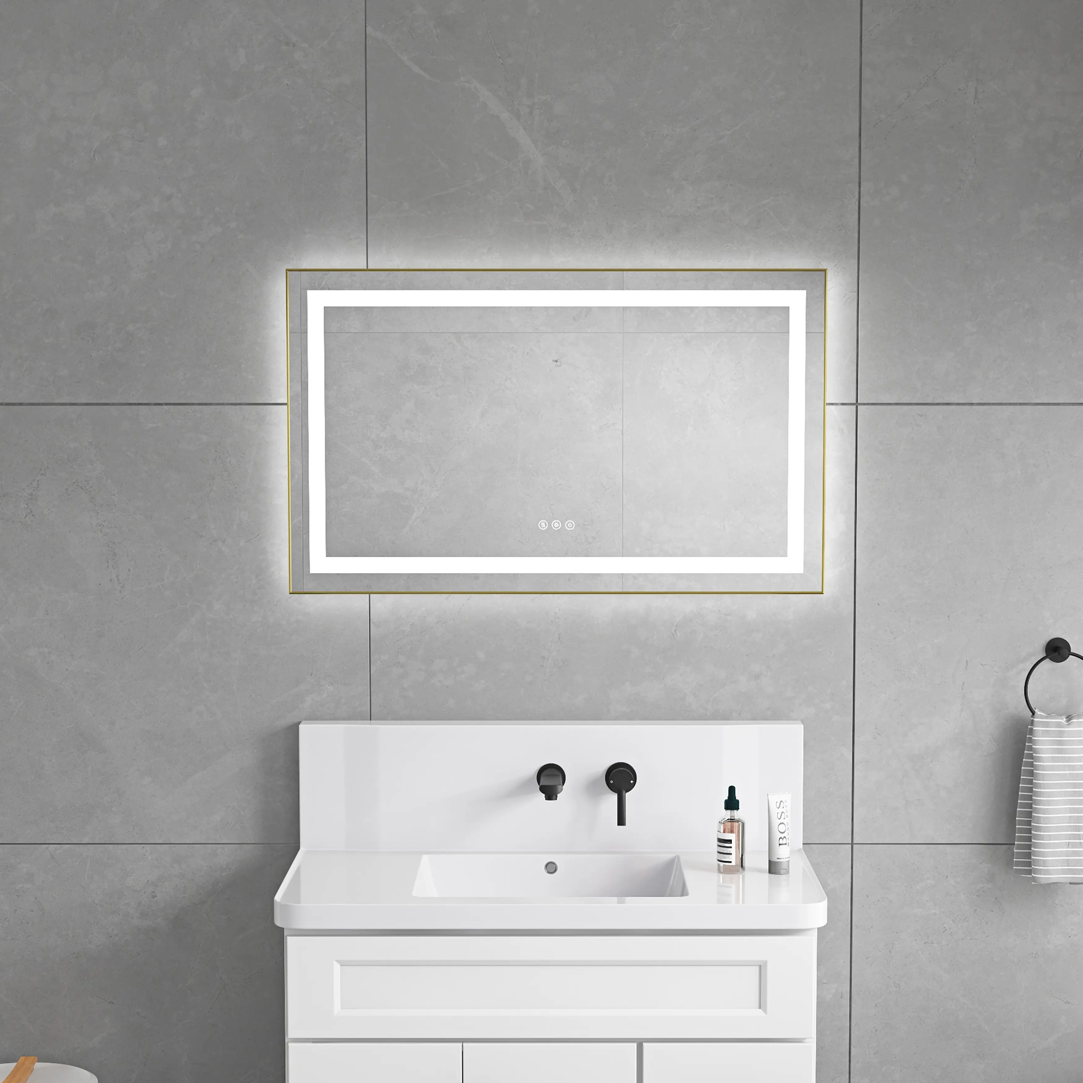 Nokaa 40 x 24 Inch LED Bathroom Mirror with Front and Backlight, Wall Mounted Vanity Mirror, Aluminum Frame, Anti-Fog, Memory, 3 Color Temperatures, Stepless Dimmable, Brushed Gold Finish