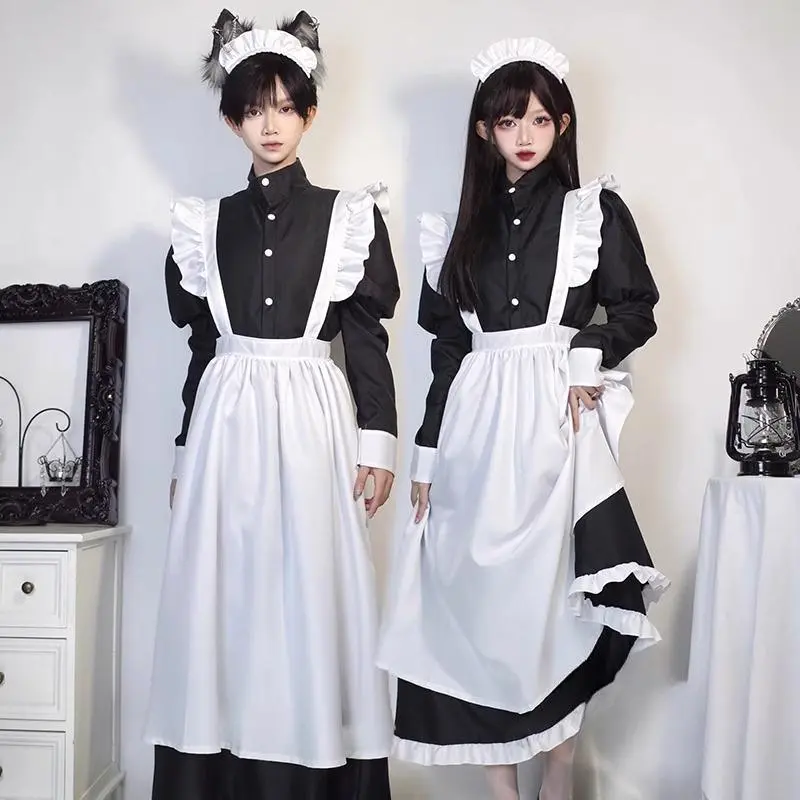 Japanese Style Maid Outfit Black White Long Dress Lolita Unisex Men Women Halloween Costume Uniform Full Set Adults Plus Size