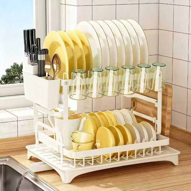 Two-layer drain rack, with adjustable dish rack, cutlery cup storage space, compact space-saving design, kitchen countertop finishing artifact, rugged storage solution