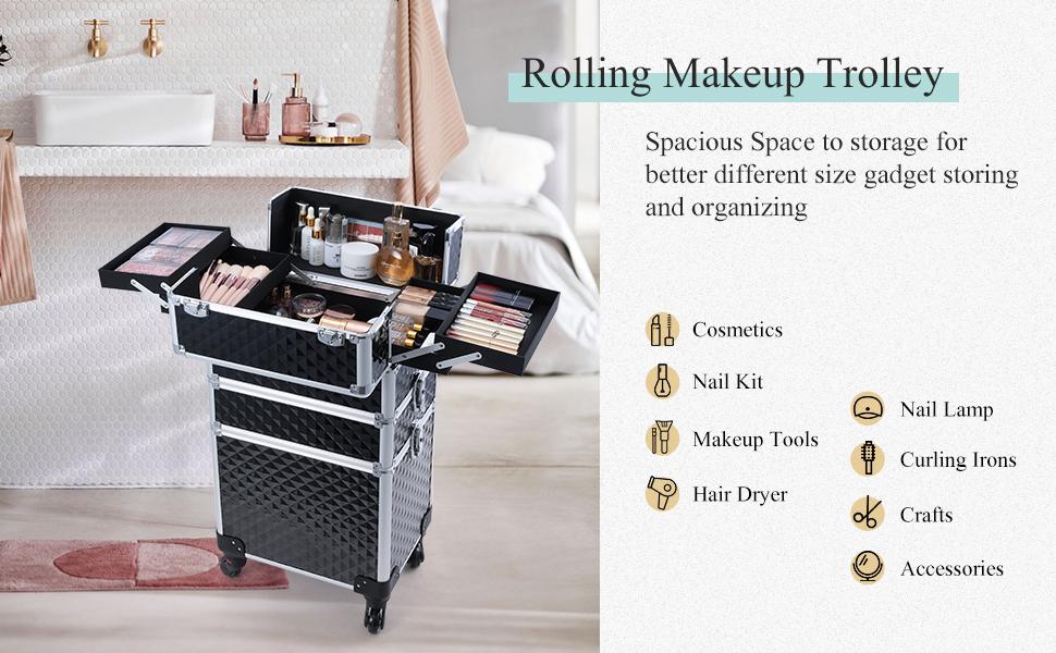 3 in 1 Rolling Makeup Train Case Large Cosmetic Trolley Salon Barber Case for Make Up Hairstylists Nail Tech Aluminum Makeup Trolley Case