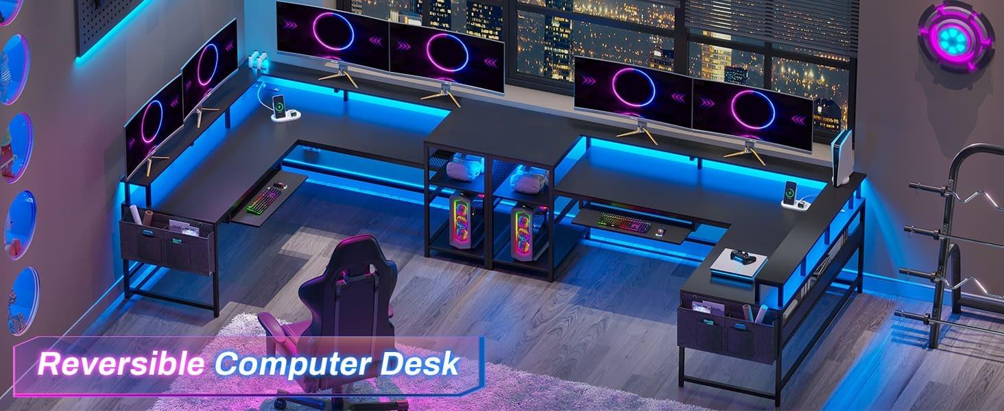 Sikaic L Shaped Reversible LED Gaming Desk with Power Outlets Strip Monitor Shelf Keyboard Tray Pegboard and Storage Shelves