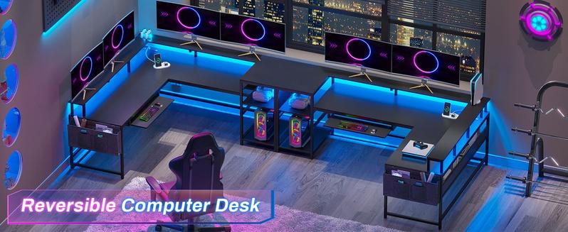 Sikaic L Shaped Reversible LED Gaming Desk with Power Outlets Strip Monitor Shelf Keyboard Tray Pegboard and Storage Shelves