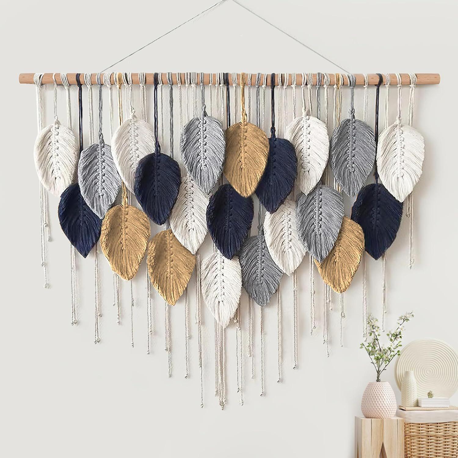 Large Handmade Leaf Fringe Wall Hangings, Bohemian Style Macrame Wall Decor, Wooden Stick Wall Art, Bed Headboard Decoration, Above Bed Wall Decor