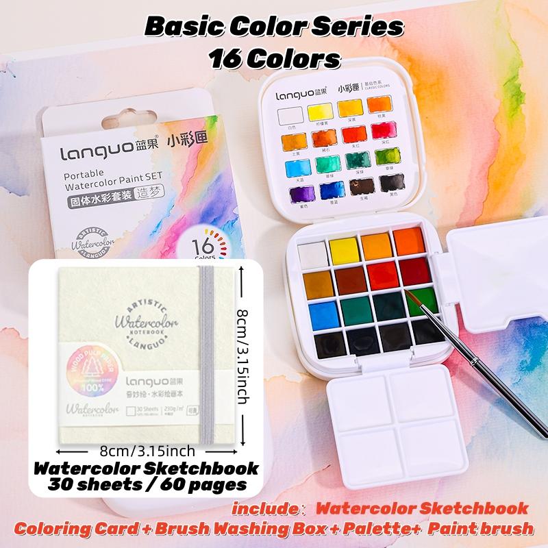 Travel Watercolor Paint Set - Artist Bundle 16 Colors with Palette,Portable Watercolor Travel Kit with Brush, Coloring Card, Brush Washing Box for Adults, Artists & Professionals