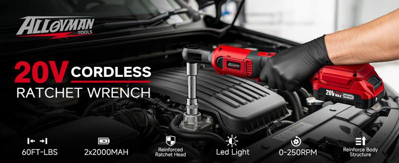 Alloyman 3/8" Cordless Ratchet Wrench Set, 60FT-LBS(80N.m) Electric Ratchet, 2 X 20V Chargeable Power Ratchet Wrench with Variable Speed, LED Light, 6 Sockets, 1/4" Adapter, 3" Extension Rod, Gifts for Perfect Christmas and New Year Idea