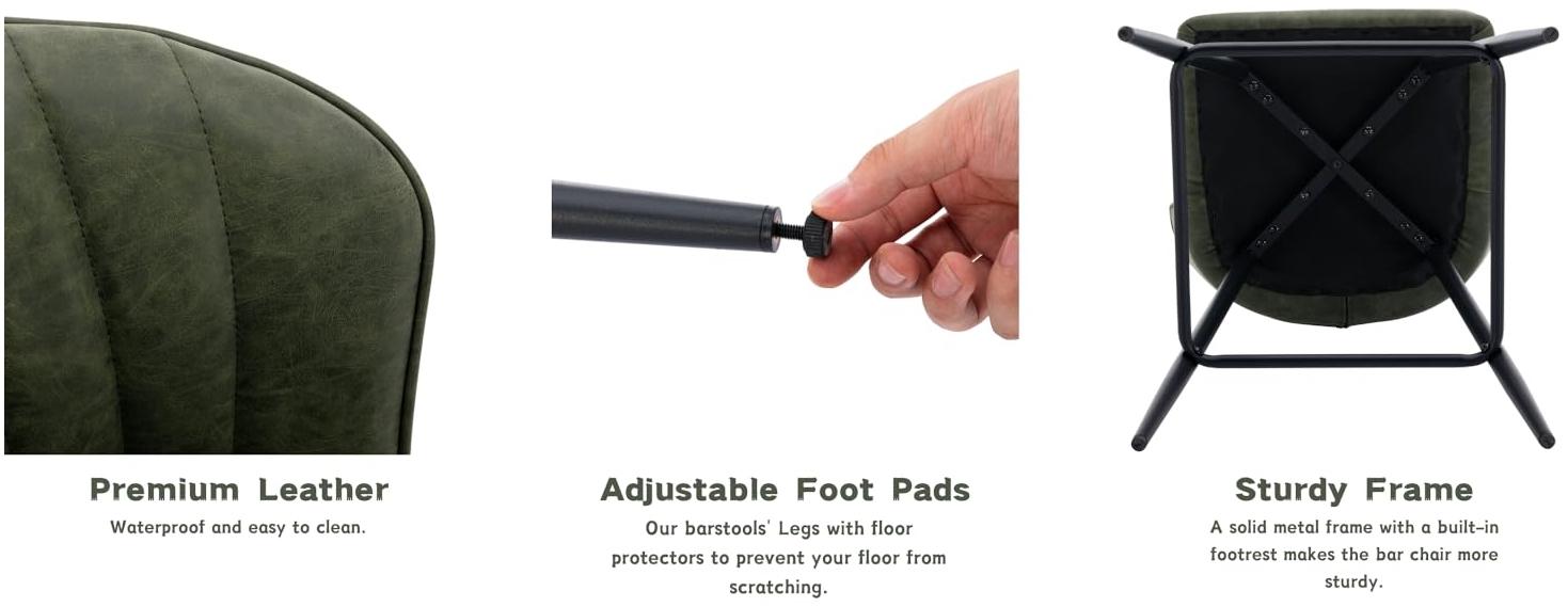 CHAIRUS  Modern Counter Height Bar Stools Set of 2,25.5 Inch Counter Stool Armless Bar Chairs with Metal Legs, Footrest,Leather Waterproof Barstools with Back,Thickened Upholstered Bar Chairs Island Stools for Kitchen,Bar,Pub,Green