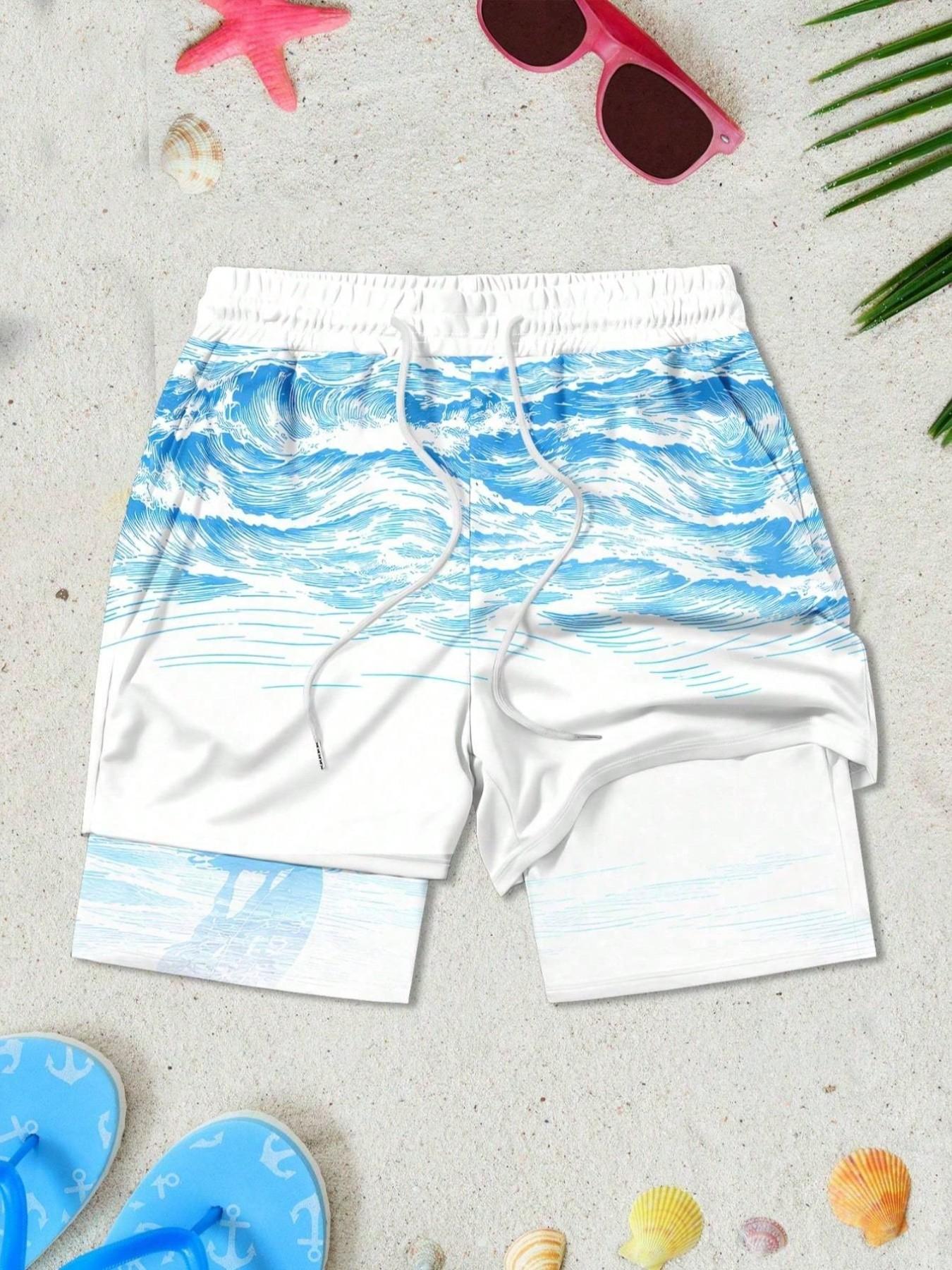 Men's Surf Print Double-Layer Beach Shorts, Summer Swim Trunks, Comfortable Breathable Design, Casual Fitted Style, Ideal for Vacation and Daily Wear