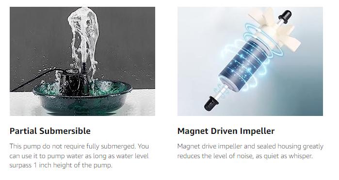 hygger 215 GPH Quick Water Change Aquarium Pump Submersible Fountain Water Pump Fish Tank Pond Drain Transfer Pump with 2 Adaptors Black