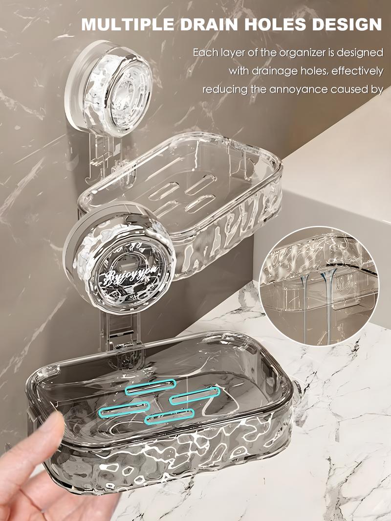 1/2 Layer Wall Mounted Soap Box, Suction Cup Soap Holder, Drill-Free Soap Dish, Bathroom & Kitchen Sink Storage Rack, Plastic & Stainless Steel